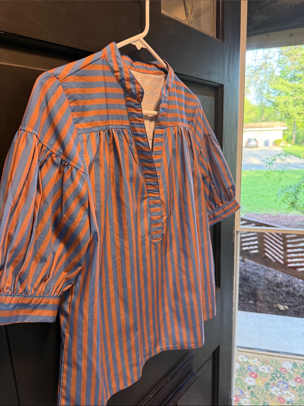 Amazon Women's Striped Popover Blouse in Blue and Orange - Picture 6 of 7
